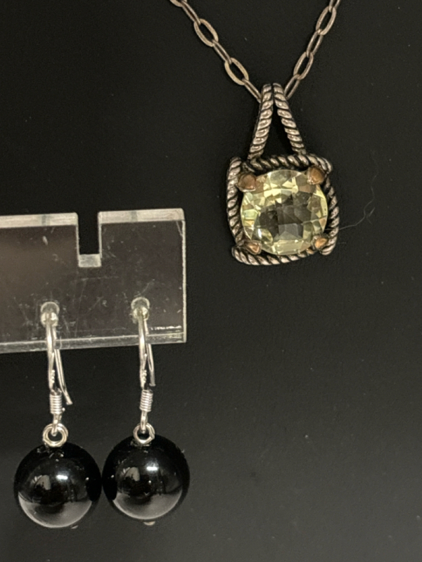 Sterling Silver Black Onyx pierced Earrings & Sterling Green Amethyst Necklace