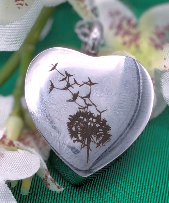 New Heart-Shaped Silver Tone with Engraved Dandelion Fluff Memorial Pendant Urn to Hold Cremains | 0.75" Wide on 21" Chain