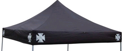 Used Once - 10' × 10' Black Outdoor Canopy Cover with Silver/Grey Maltese Crosses on Corners . Used One (1) Time