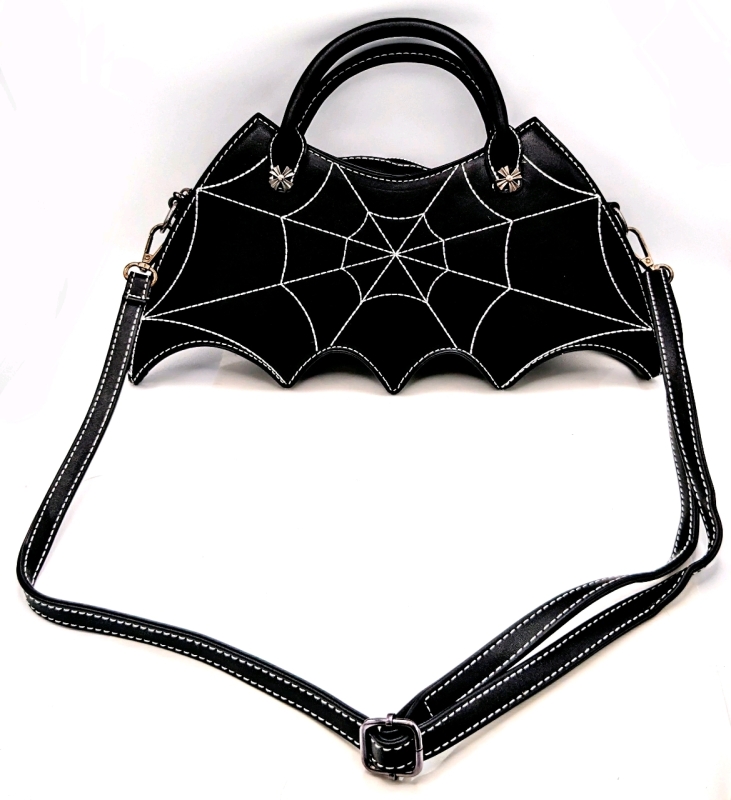 Going Batty! New Faux Leather Bat-Shaoed Spiderweb Handbag Purse with Crossbody Strap | 13 25" x 2.5" x 9" Tall