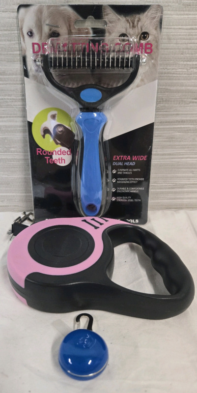 New Profesional Pet Grooming Tools | Dematting Comb Extra Wide With Rounded Teeth | A Pink Retractable dog leash 10' Long & A Saftey Flashing Dog Colar Light Clip For Night Walks