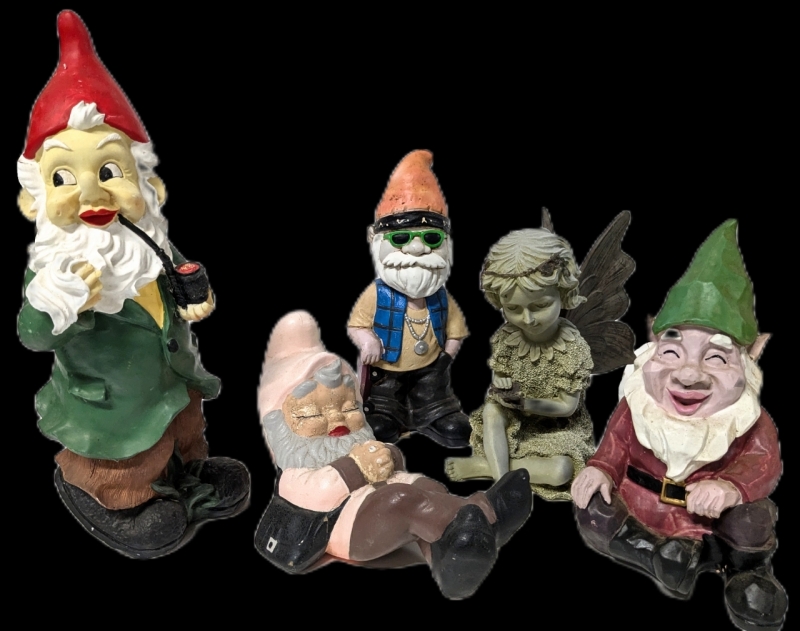 5 Vintage Garden Statues w 4 Gnomes (including a Bobblehead) & One Green Fairy | Up to 15" Tall