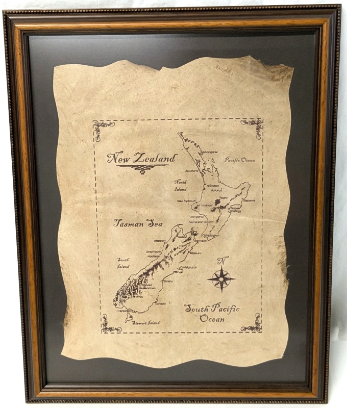 Neat Framed New Zealand Pirate-Style Map on Animal Hide | 13.2" x 16.75"