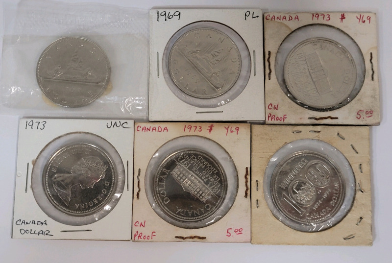 1969 - 1974 Canadian Uncirculated & Proof One Dollar Coins , Six (6) Coins .