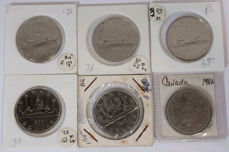 1976 - 1982 Canadian Uncirculated & Proof One Dollar Coins , Six (6) Coins