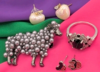 Fun & Varied Jewelry Finds: Opalescent Apple-Shaped Earrings with Clear Stones, Faux Pearl Sheep Brooch, Size 9 Silver Tone Ring with Shiny Opaque Black Stones & Tiny Mouse-Ear Studs