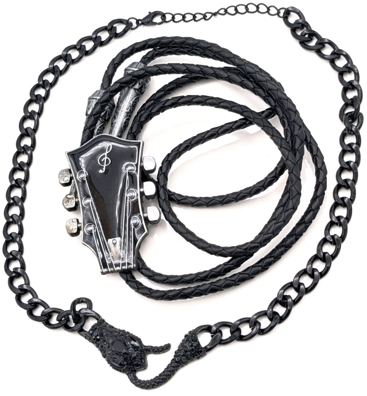 Nifty Modern Guitar Bolo Necklace & Black Shiny Ouroboros Snake Chain Necklace