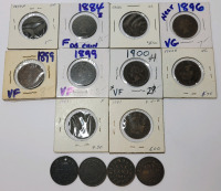 1859 - 1901 Canadian Queen Victoria Large One Cent Pennies . 14 Coins