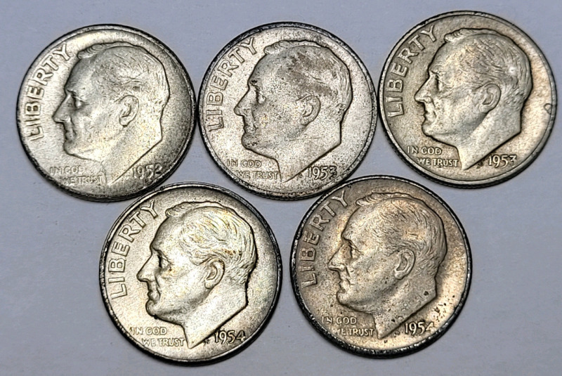 1952 & 1954 United States Silver Roosevelt Dimes , Five (5) Dimes . 1952 , 1953 ×2 & 1954 ×2