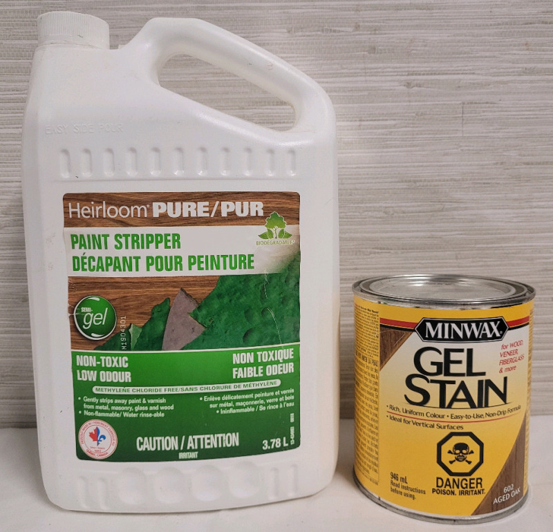 3.8L Heirloom Non-Toxic Paint Stripper (full) & MinWax Aged Oak Gel Stain , 946ml (70% full)