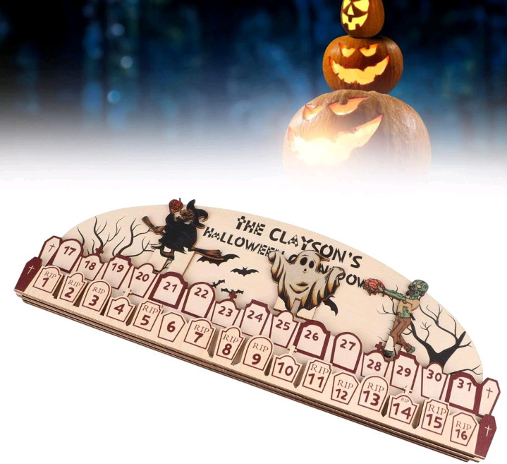 New | 2023 Syrisora Halloween Advent Calendar | Moving Wooden Block Countdown Calendar for Home Decor ( 15" Long )