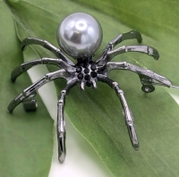 Creature Couture | Fantastic Spider Brooch with Grey Faux Pearl Abdomen & Black Rhinestone Eyes | 2" x 1.75"