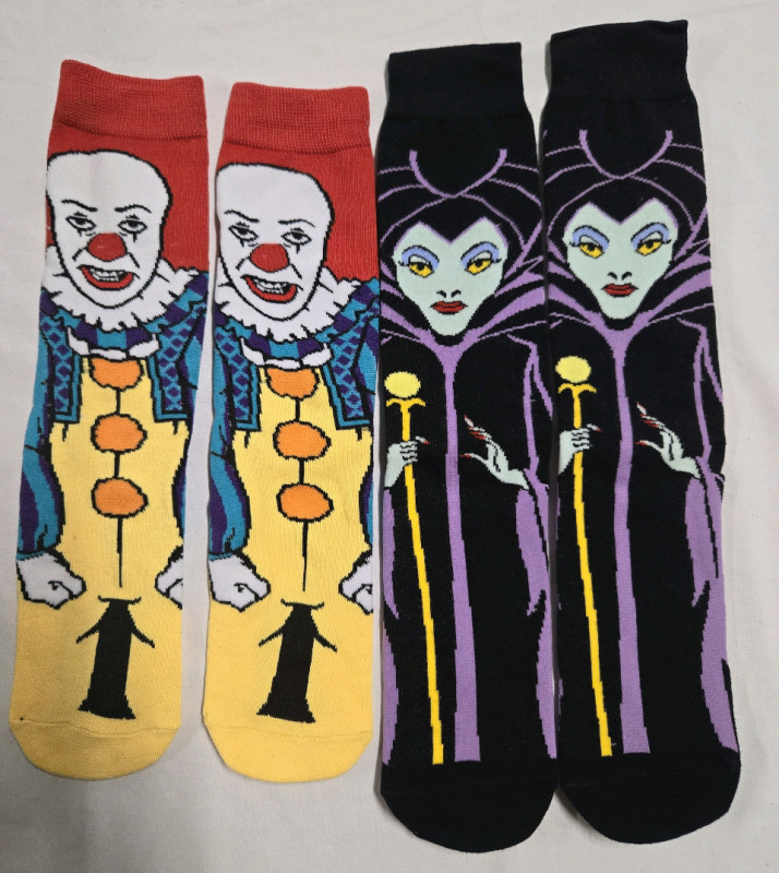 2 New Pairs of Socks (One Size Fits Most) | Penny Wise The Clown & Maleficent