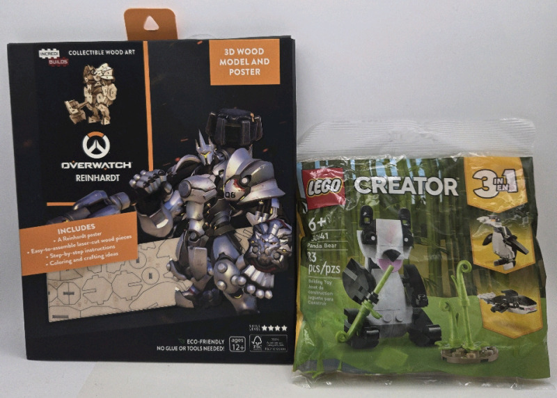 2 New 3D Puzzles | 1 Lego # 30641 Creator 3-In-1 83 Pcs Panda Bear & 1 Incredi Builds 3D Wood Overwatch Reinhardt Model & Poster