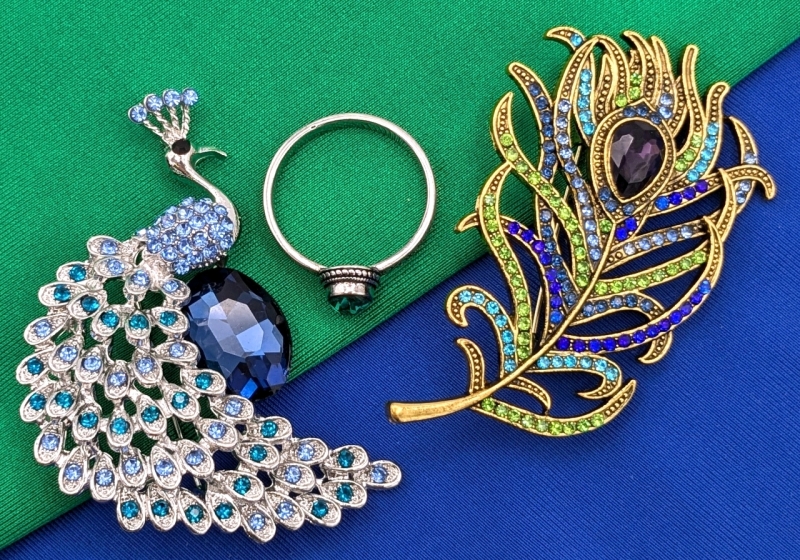 Creature Couture: Gorgeous Peacock & Feather Brooches in Gold & Silver Rings with Multicolored Rhinestones + Dainty Size 9 Silver Tone Ring with Emerald-Green Faceted Stone