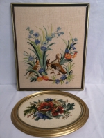 2 Vintage Framed Stitch Art - Flowers & Birds