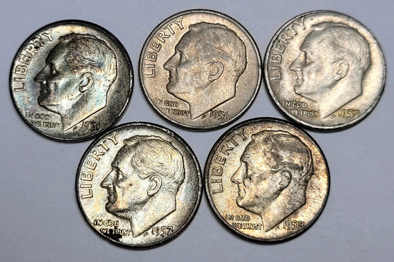 1956 & 1958 United States Silver Roosevelt Dimes , Five (5) Dimes . 1956 , 1957 ×2 & 1958 ×2