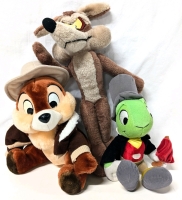 3 Vintage Stuffed Cartoon Characters : Disneyland/ Disney World Chip & Jimminy Cricket + Wile E. Coyote | 8.5" - 14" Tall