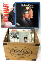 Wooden "Vintage" Vinyl 33 1 3 RPM Record Crate with Assorted Vintage Records incl Katate Kid II Soundtrack, Corey Hart + | Crate Measures 13.6" x 10.8" x 10.75" Tall