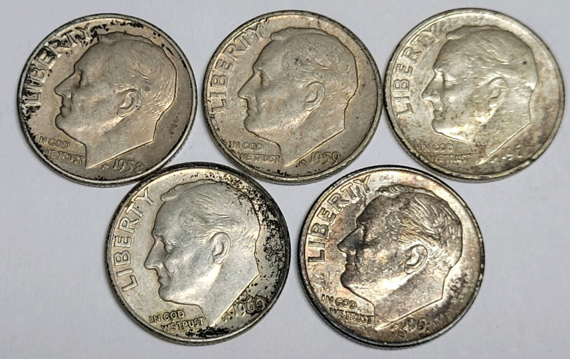 1958 & 1960 United States Silver Roosevelt Dimes , Five (5) Dimes . 1958 , 1959 & 1960 ×3