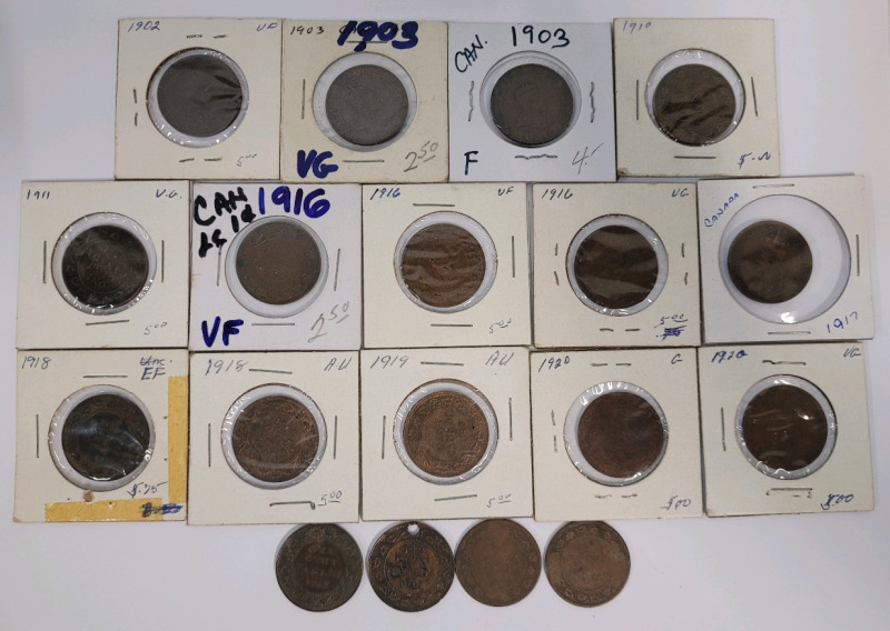 1902 - 1920 Canadian Large One Cent Pennies , 18 Coins