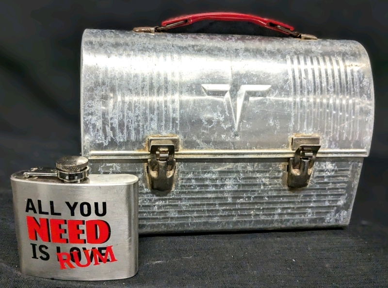 Vintage Aluminum Thermos Lunch Box & Modern Flask "All You Need Is Love/Rum"