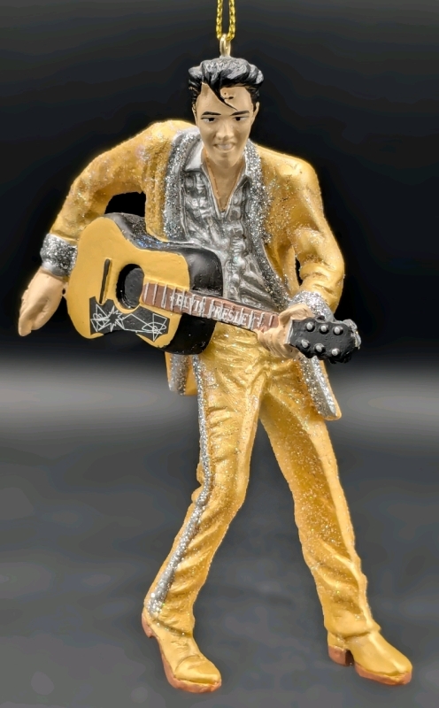 As-New Elvis Presley in Gold Suit Playing Guitar Christmas Ornament | 4.5" Tall