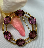 Gold Filled Amethyst Glass Vintage Brooch Stamped & Signed