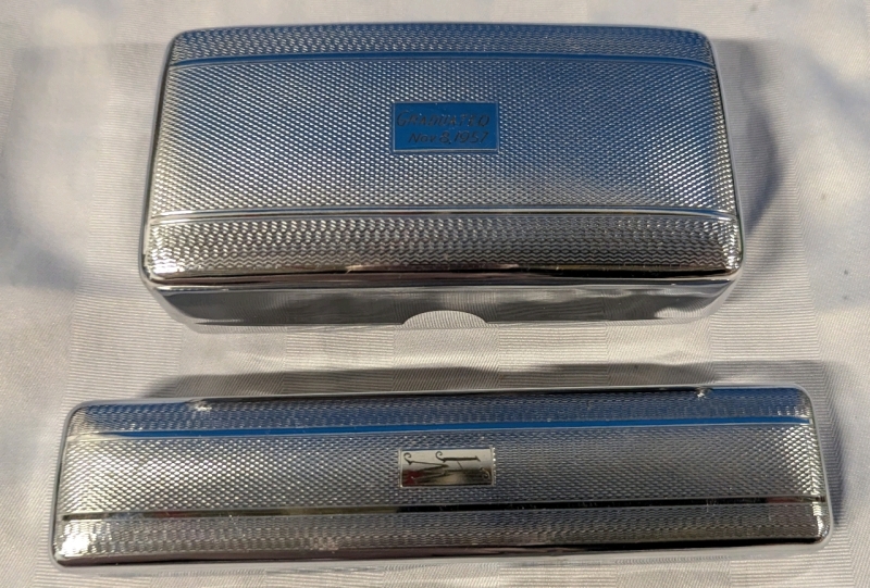 Chromium Plated Trinket Boxes. Wider if the two Engraved with "Graduated Nov 8th 1957" and Longer "WH". Longer measures 6.5" Long.