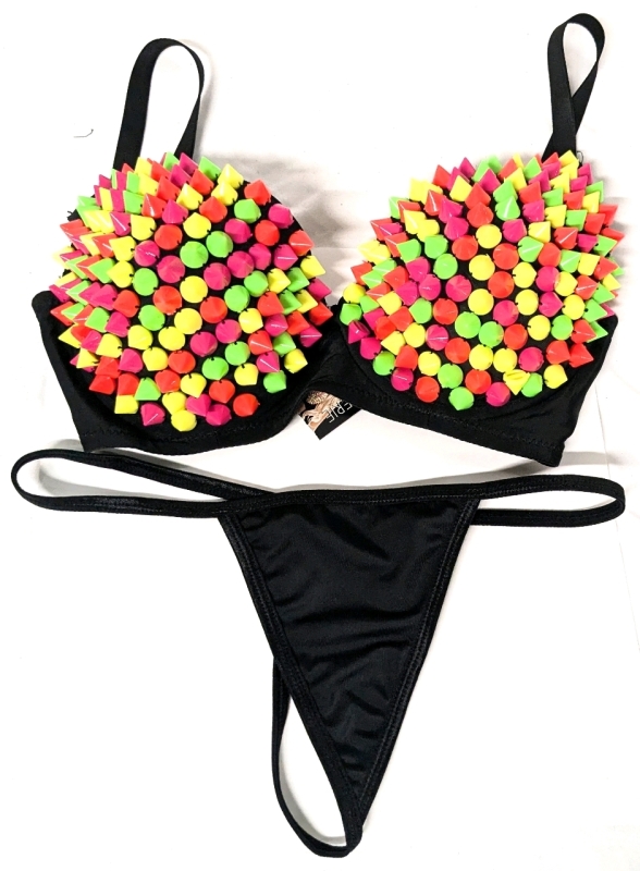 [Adults Only] New Size 36C | Pleasure Bound Neon Studded Bra & Thong (One Size Fits Some)