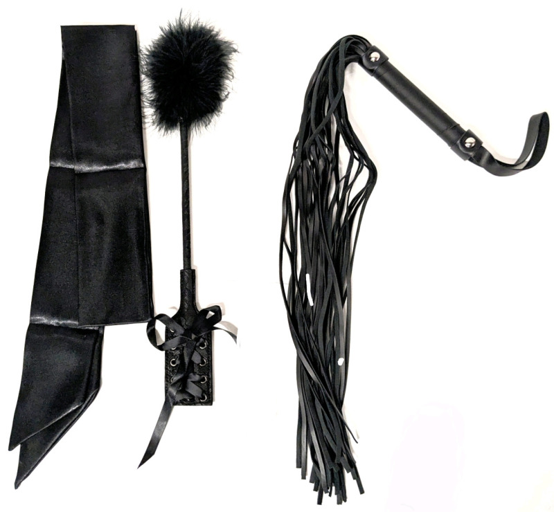 [Adults Only] New Leather-Like Flogger, Feather Tickler with Crop & Satin Blindfold