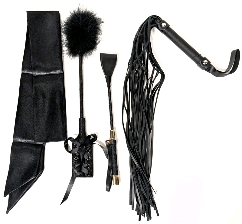 [Adults Only] New Leather-Like Flogger, Crop, Feather Tickler & Satin Blindfold