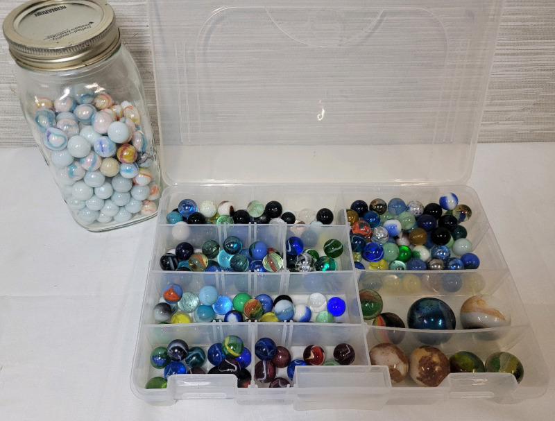 Glass Mason Jar & Plastic Case with Marbles | Various Sizes and Colours