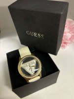 GUESS White & Gold Leather Swarovski Crystal Cut Out Watch <br/>-U10045L1