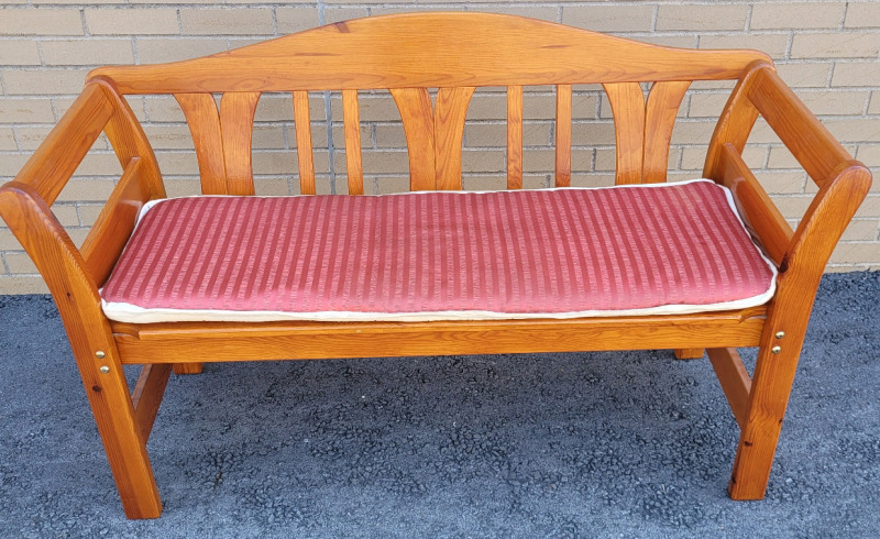 Dark Brown Wooden Bench with Cushion . Measures 51" Wide & 19" Deep