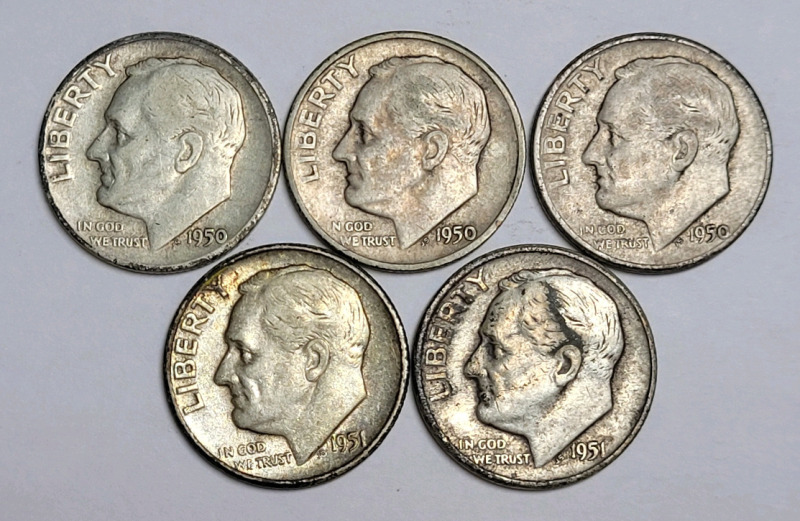 1950 & 1951 United States Silver Roosevelt Dimes , Five (5) Dimes . 1950 ×3 & 1951 ×2