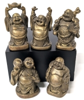 5 Vintage Solid Brass Happy Buddha Figures | 1.75" Tall