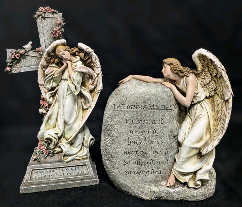 2 Lightweight Resin Memorial Figures with Angels & Heartfelt Sayings | 11" - 14.75" Tall