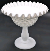 Vintage Signed Fenton Ruffled Hobnail Pedestal Milk Glass Dish | 5.75" Diameter x 5.75" Tall