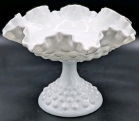 Large Vintage Unsigned Fenton Ruffled Hobnail Pedestal Milk Glass Dish | 7.5" Diameter x 5.75" Tall