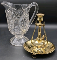 Neat Baldwin USA Brass Nautical Candlestick Holder (Keeps Candle Upright Even when You Are Not!) & Glass Pitcher | 7.25" - 8.75" Tall