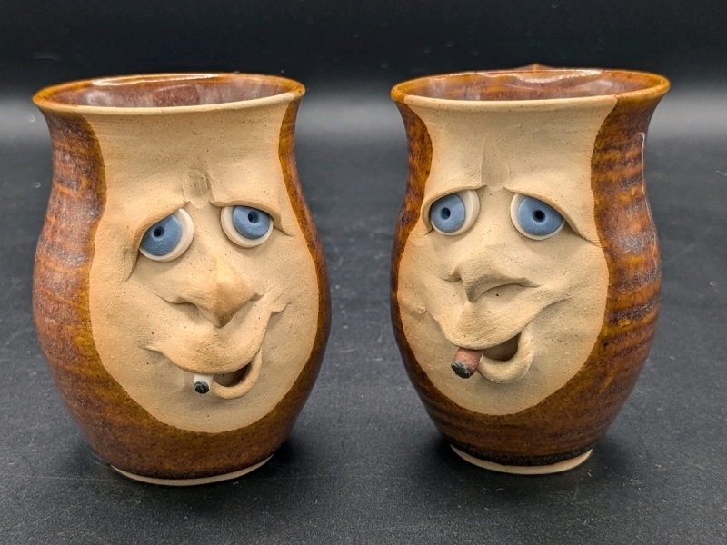 2 Vintage Smoke Break Funny Face Mini-Mugs from "The Village Pottery" in Nova Scotia | 3.5" Tall each