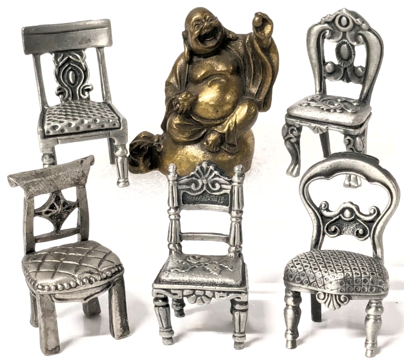 5 Vintage Miniature Pewter Chairs + Solid Brass Mini Happy Buddha Fugure| Around 1.75" Tall ea