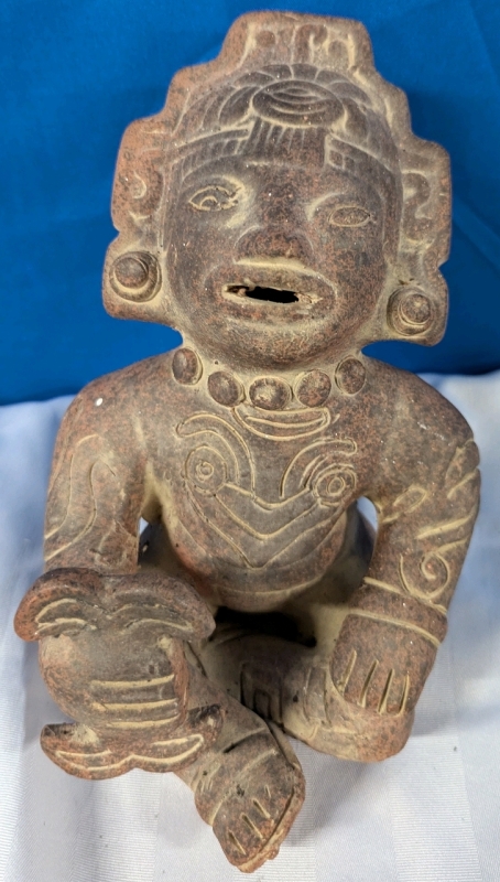 Mayan/Aztec Style Ceramic Sitting Figurine. 8" Tall.