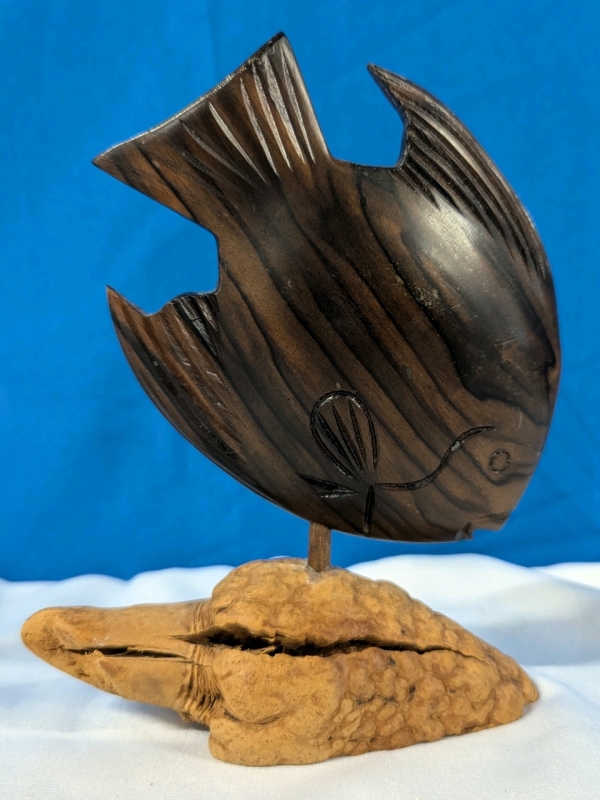 Carved Wooden Tropical Fish with Stand. 7" Tall.