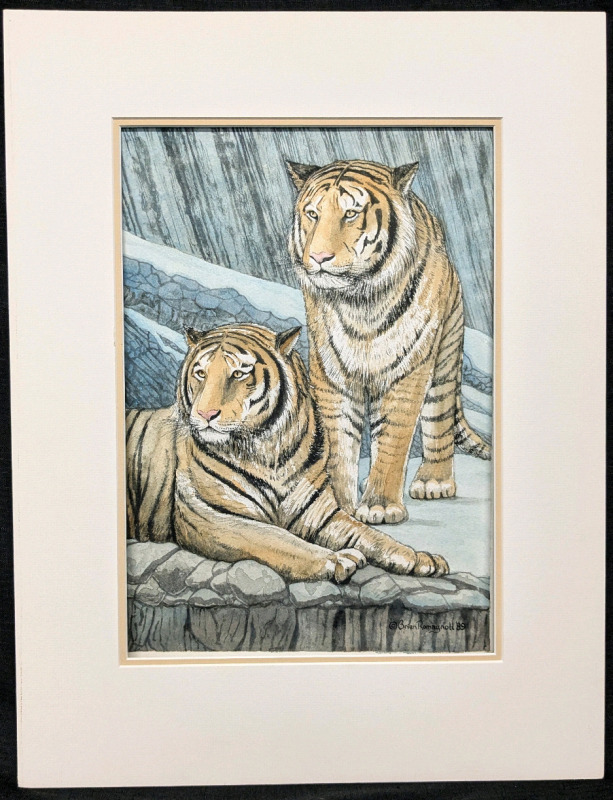 Signed Vintage Matted Original Watercolor "Tiger/Landscape Study" by Local Niagara Artist, Brian Romagnoli 1989 | 13.25" x 17.25"