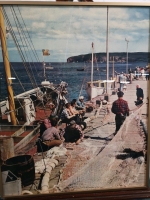 Vintage Framed Print of Dockworkers, Boats by Dock - 24" by 29"