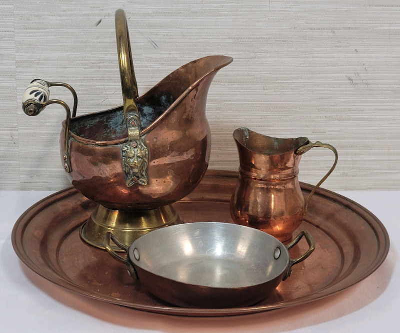 Copper Home Decor Lot . Tray , Small Sauce Pan , Small Jug & Ash Bucket