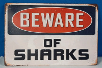 New "Beware of Sharks" Metal Sign - 8" X 12"