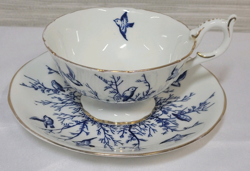 Vintage Coalport " Blue Birds " Cup & Saucer . Saucer Rings True , Cup Does Not Ring True